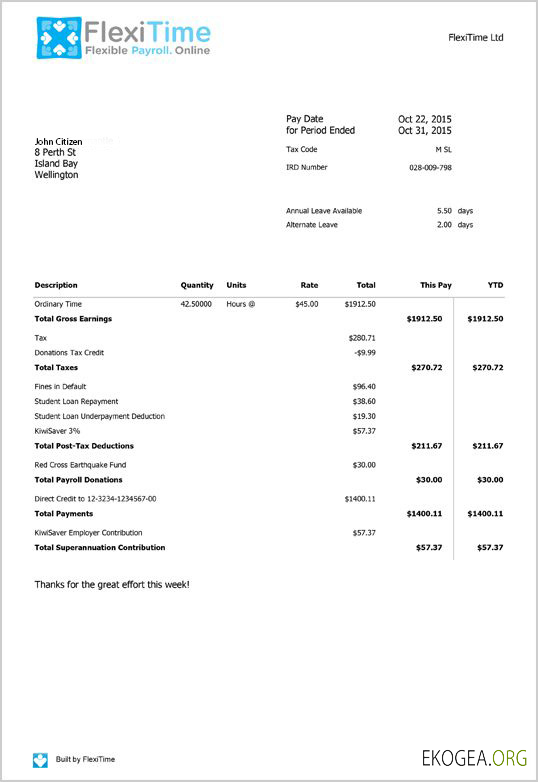 Modèle de paie FLEXITIME NOUVELLE ZÉLANDE en Word et PDF